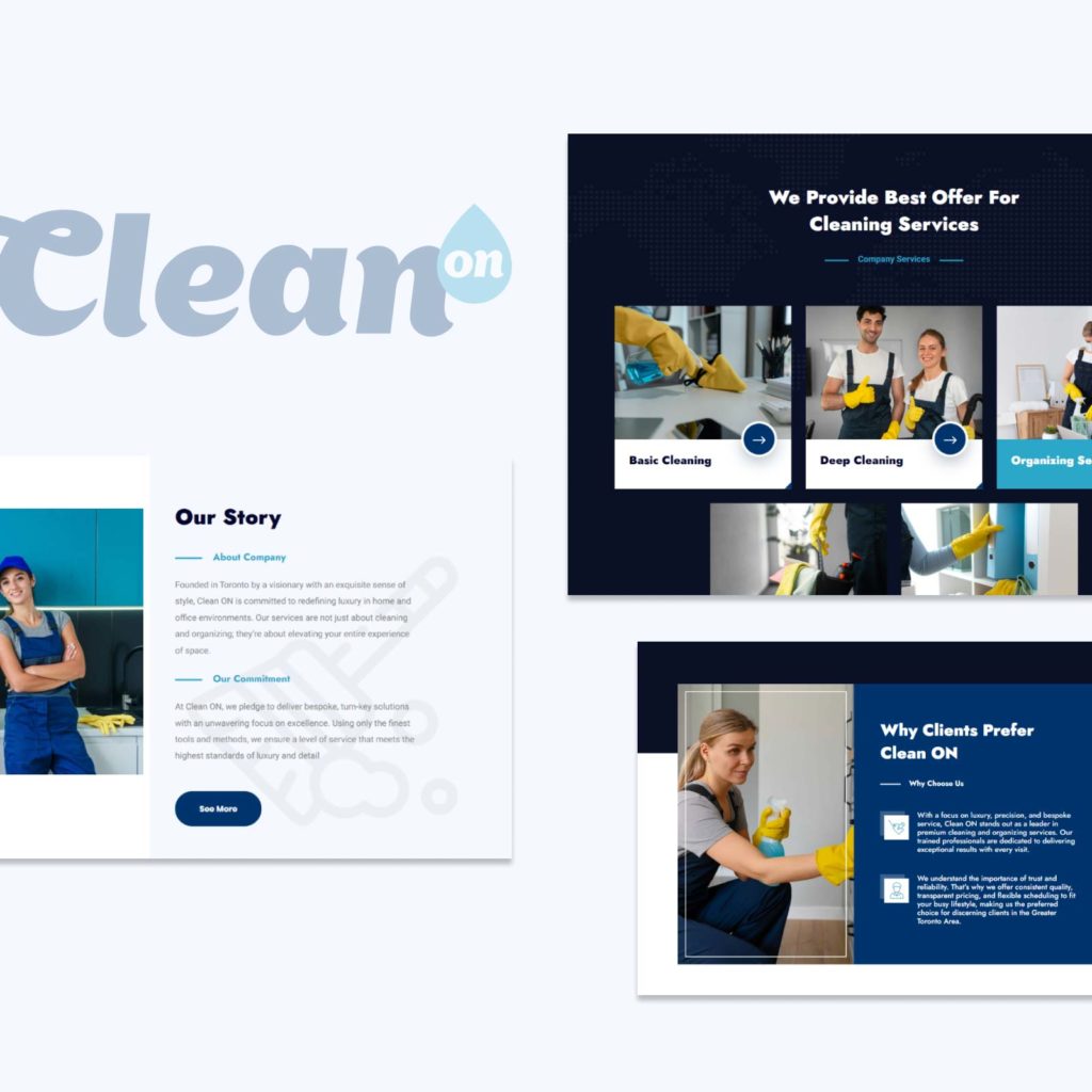 Website mockup for Clean ON showcasing company story, cleaning services offered, and reasons why clients prefer Clean ON.