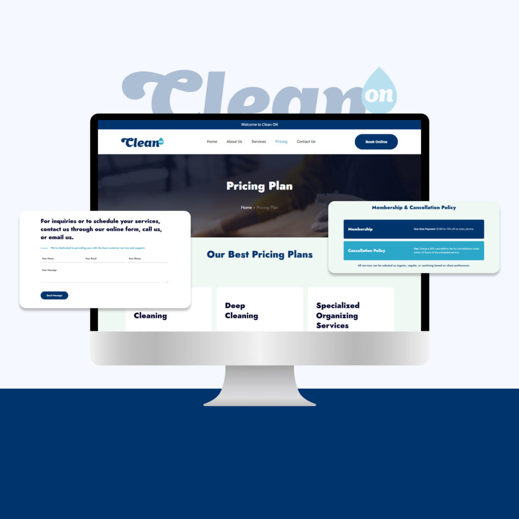 Website mockup for Clean ON displaying pricing plans, membership and cancellation policies, and a contact form for inquiries and scheduling services.