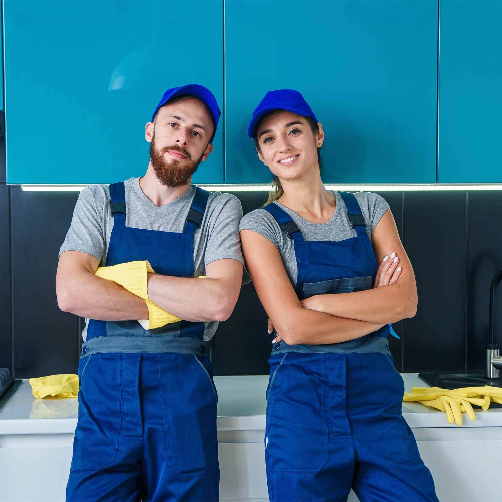 Two cleaning service professionals in blue uniforms and caps standing confidently with arms crossed in a modern kitchen setting.