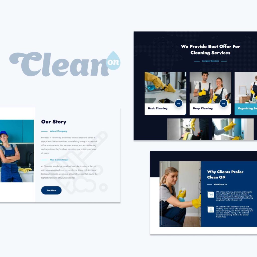 Clean On website mockup displaying 'Our Story,' cleaning service offerings, and client benefits with a clean, modern design.