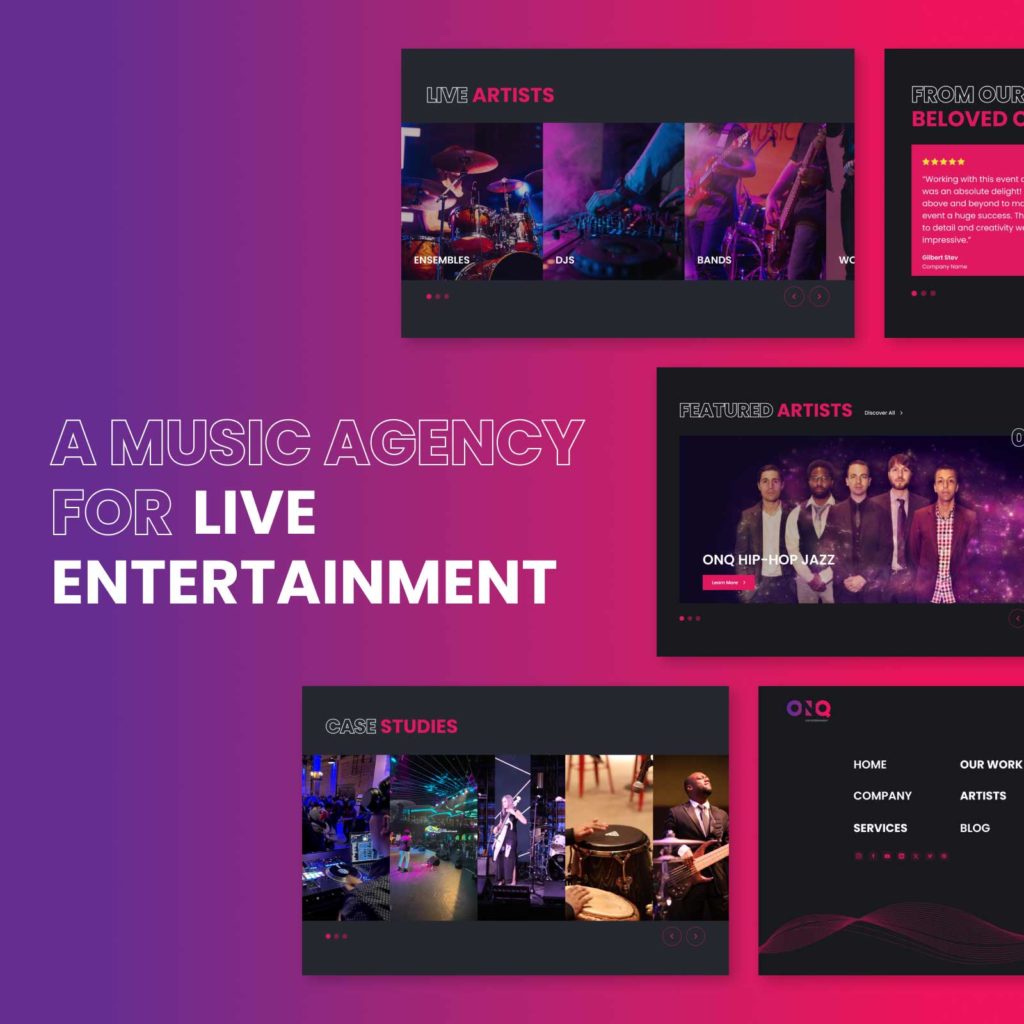 Visual design of a music agency website featuring live entertainment options, artist showcases, and case studies.