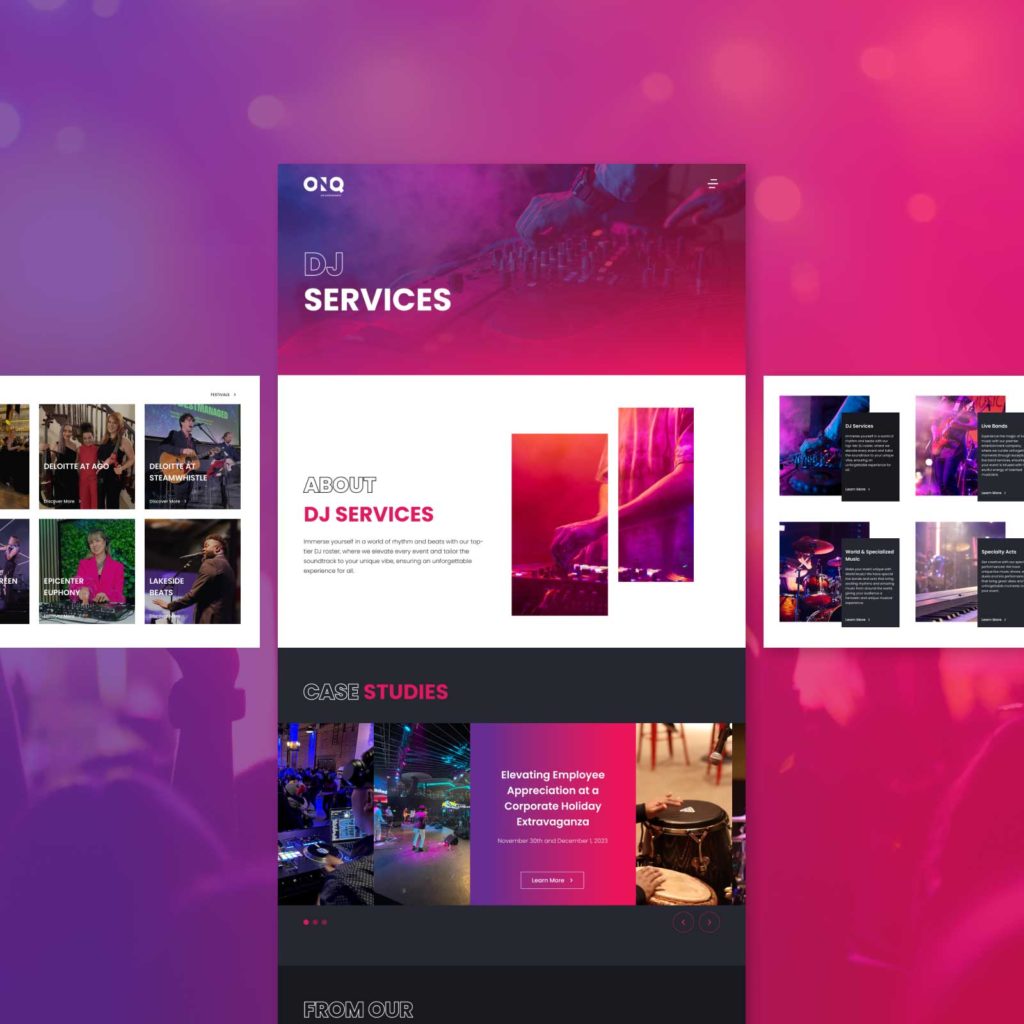 Service page layout for a DJ entertainment agency, featuring case studies and DJ service details.