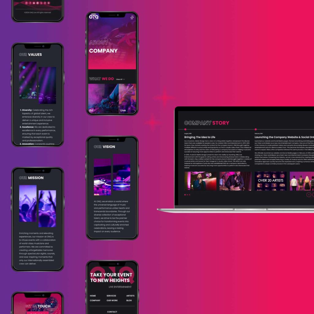 Mobile and desktop views of a music agency’s website highlighting company values, mission, vision, and company story.