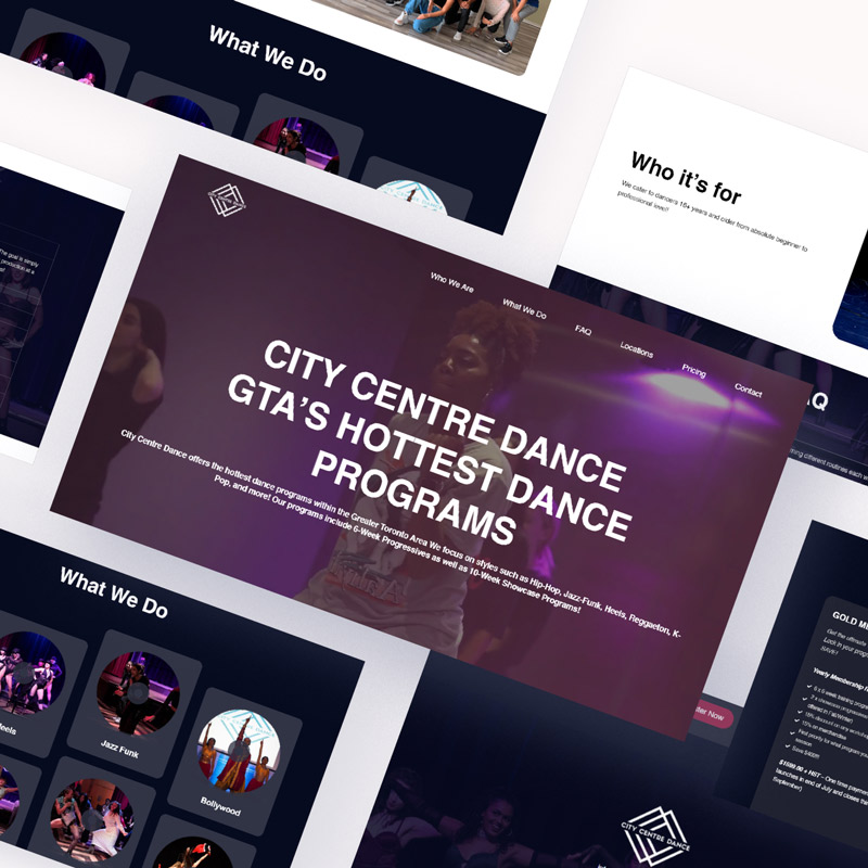 Website mockup showcasing various sections of City Centre Dance.