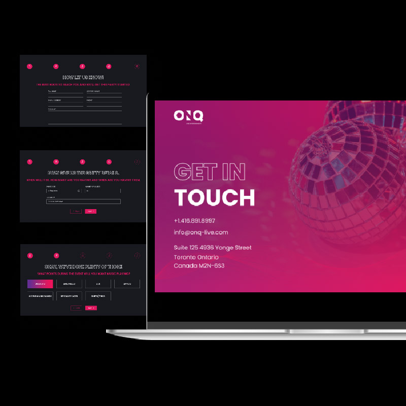 ONQ 'Get in Touch' page on a laptop, featuring contact details and a disco ball background.