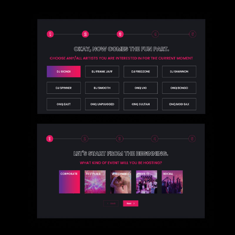 ONQ website's artist selection screen with options for DJ and music artist selection, and event type options including corporate, weddings, and social events.