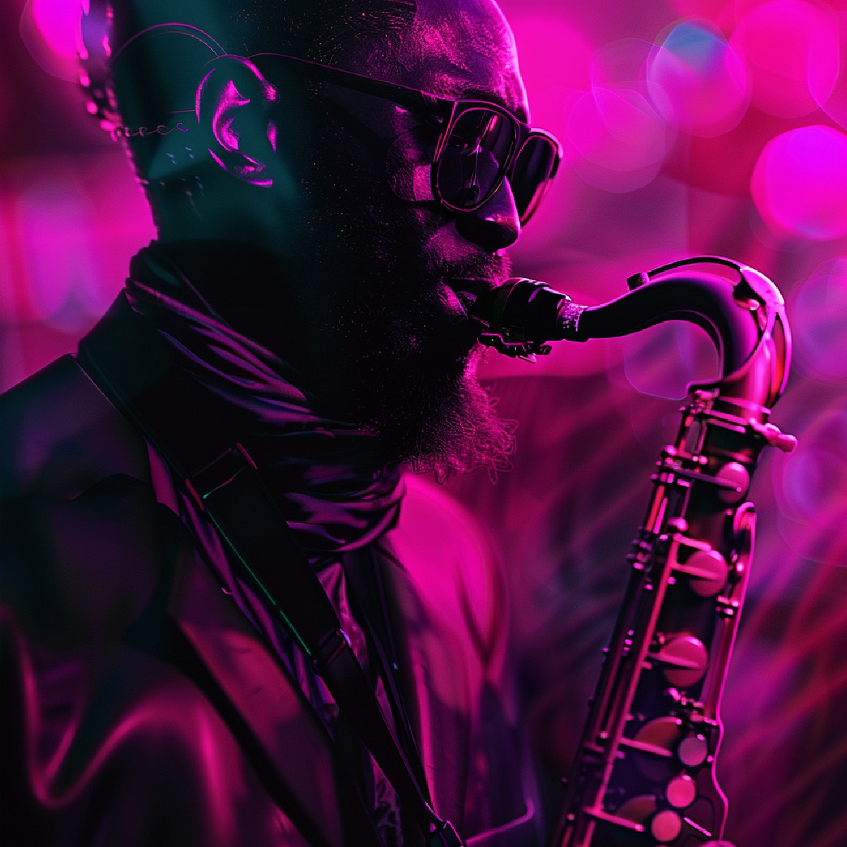 Musician playing saxophone in a vibrant pink and purple lighting setup.