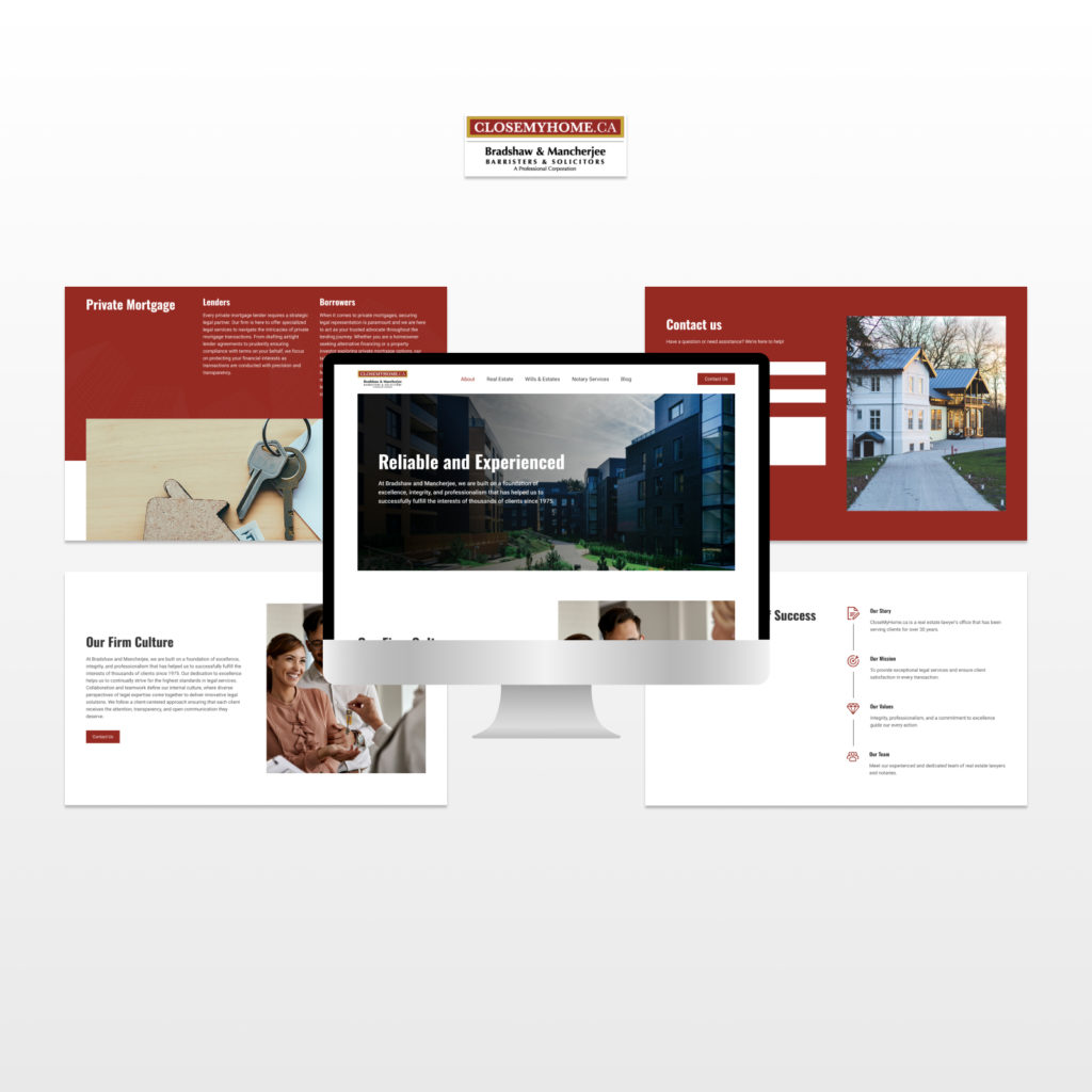 Desktop website mockup featuring Bradshaw & Mancherje legal services, highlighting private mortgages, firm culture, and contact information.
