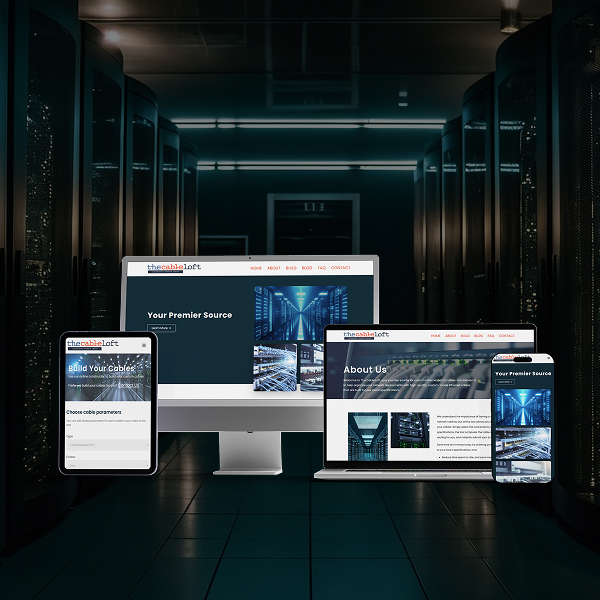 A dimly lit modern server room with rows of data racks on both sides, glowing indicator lights, and a closed door at the end of the narrow aisle on which Cable Loft pages are displayed on mobile, tablet, and desktop