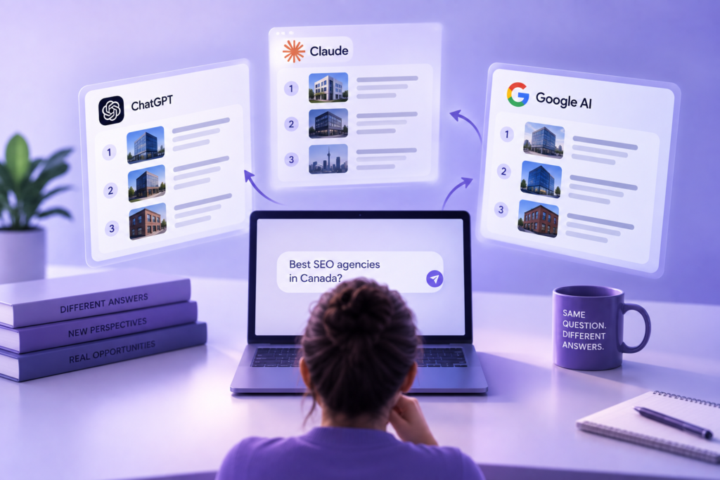 image | Digilite AI search results from ChatGPT, Claude, and Google AI showing different business recommendations for the same SEO agency query.