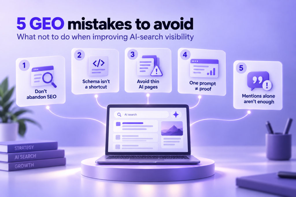 image | Digilite Graphic showing five common GEO mistakes to avoid, including abandoning SEO, relying on schema shortcuts, creating thin AI pages, judging visibility from one prompt, and focusing only on mentions.