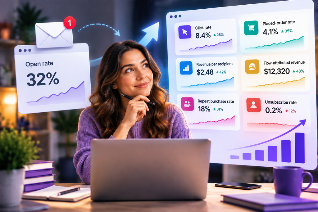 image3 | Digilite A woman at a laptop thinking beside a dashboard of email metrics, including open rate, click rate, and revenue per recipient.