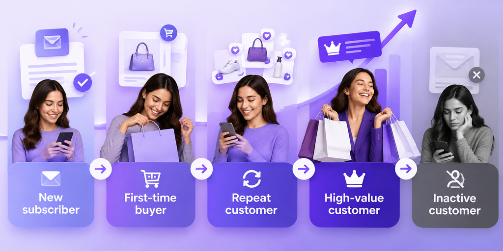 image4 | Digilite Customer journey from new subscriber to first-time buyer, repeat customer, high-value customer, and inactive customer.