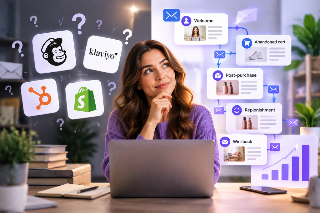 image5 | Digilite A woman considering Mailchimp, Klaviyo, HubSpot, and Shopify, next to a connected flow of welcome, abandoned cart, post-purchase, replenishment, and win-back emails.