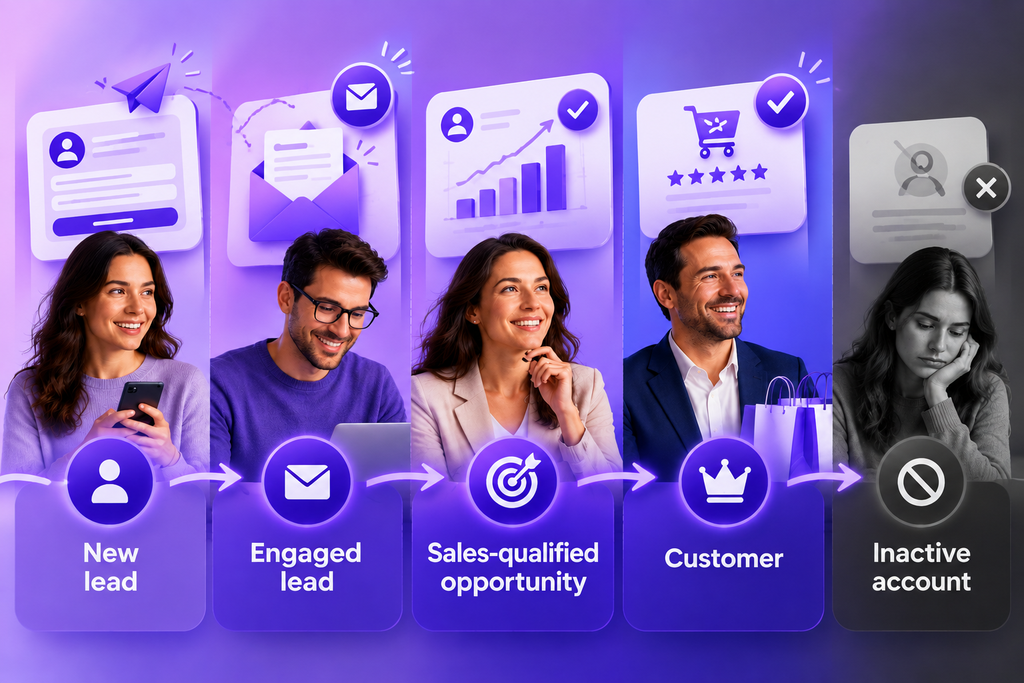 image6 | Digilite Five-step lead lifecycle: new lead, engaged lead, sales-qualified opportunity, customer, and inactive account, shown with a person at each stage.